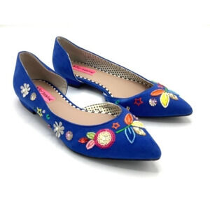 Betsey Johnson Cypress Blue Beaded Sequin Whimsical Funky Fairy Suede Flats 6.5